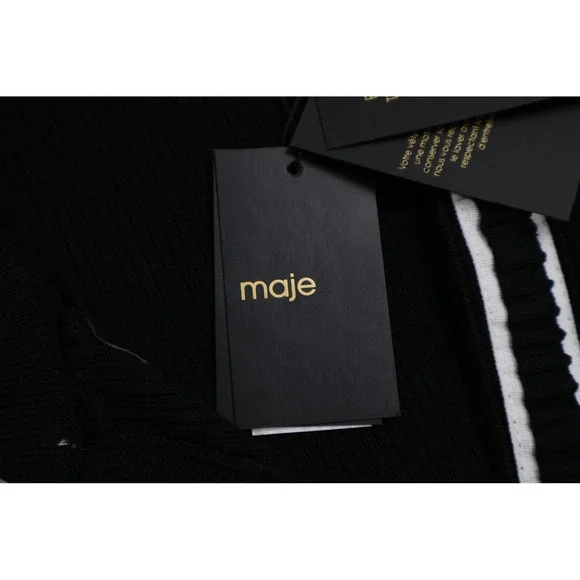 Maje Knit Midi Dress Contrast Trim Pleated Skirt Black White Office Classic $480 - Picture 13 of 15